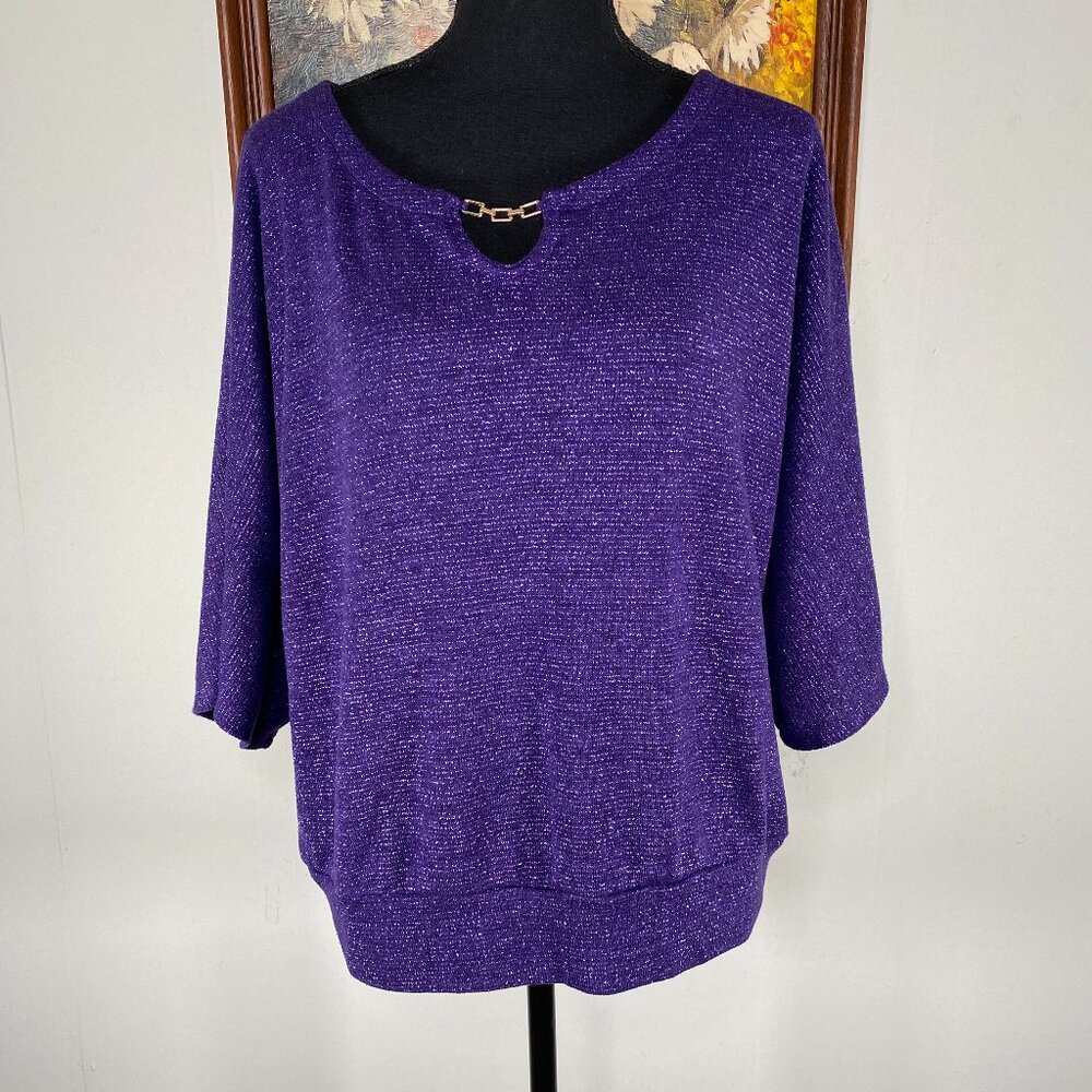 Valerie Stevens PETITE Blouse Top Women's PL Round Neck Keyhole Purple Casual
